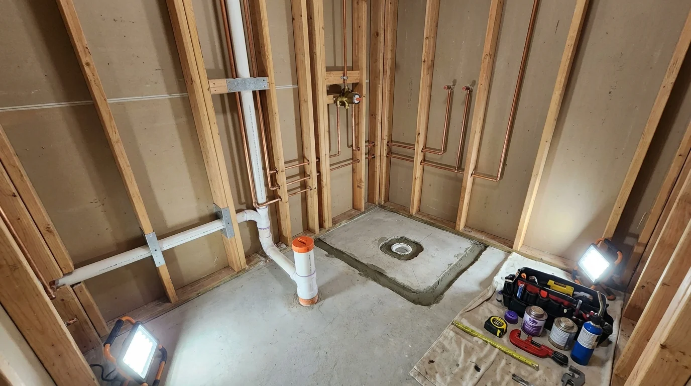 Bathroom rough-in plumbing during remodel by Johns Plumbing LLC in La Puente