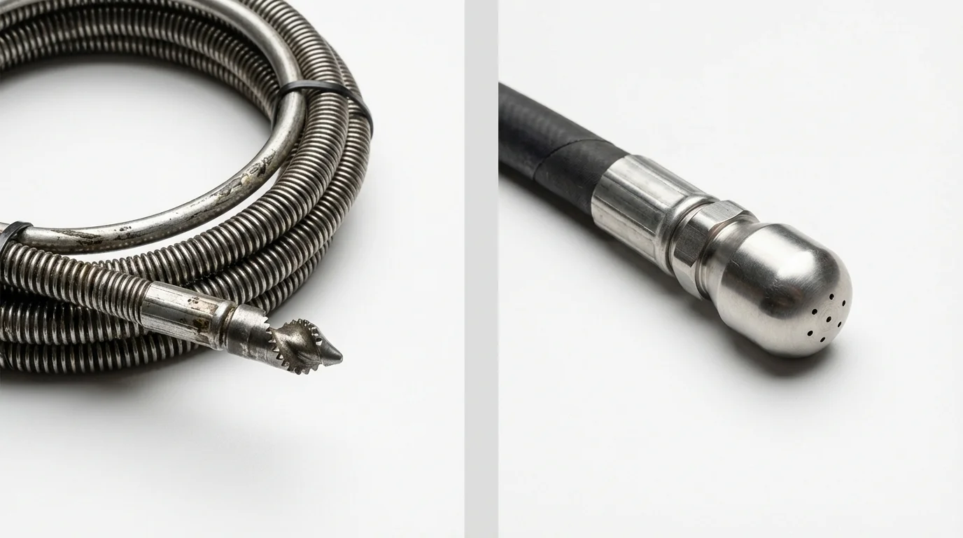 Drain snake cable and hydro jetting nozzle used for drain cleaning in La Puente, CA
