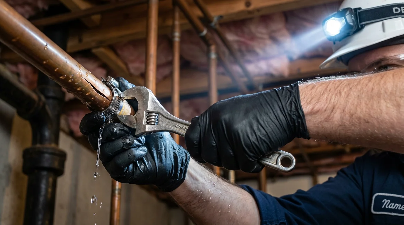 Emergency pipe clamp repair being performed by a Johns Plumbing LLC plumber in La Puente
